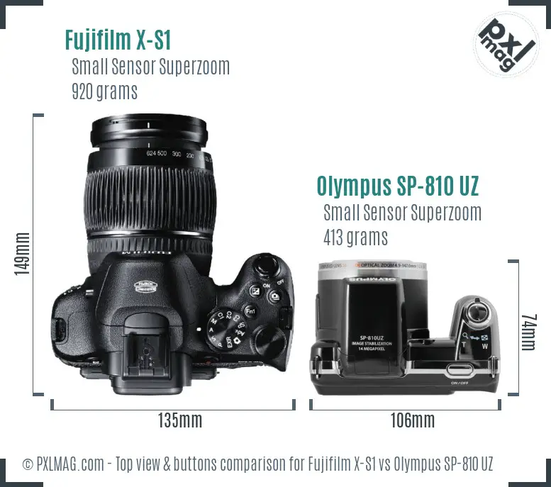 Fujifilm X-S1 vs Olympus SP-810 UZ top view buttons comparison