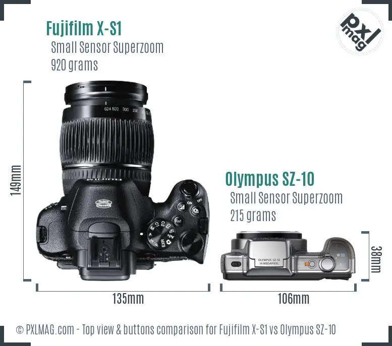 Fujifilm X-S1 vs Olympus SZ-10 top view buttons comparison