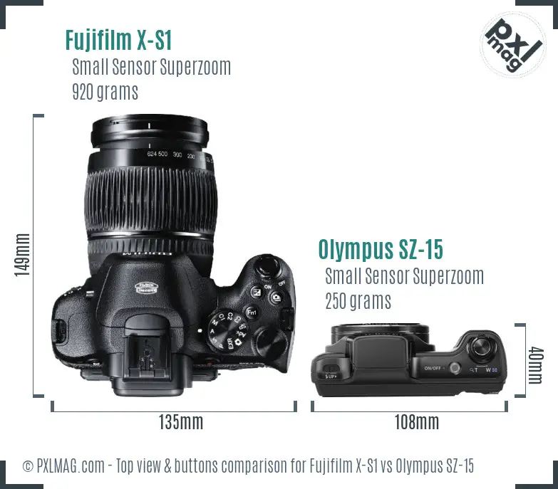 Fujifilm X-S1 vs Olympus SZ-15 top view buttons comparison