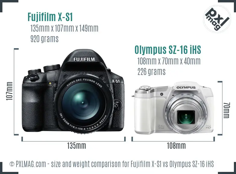 Fujifilm X-S1 vs Olympus SZ-16 iHS size comparison Fujifilm X-S1 vs Olympus SZ-16 iHS size comparison