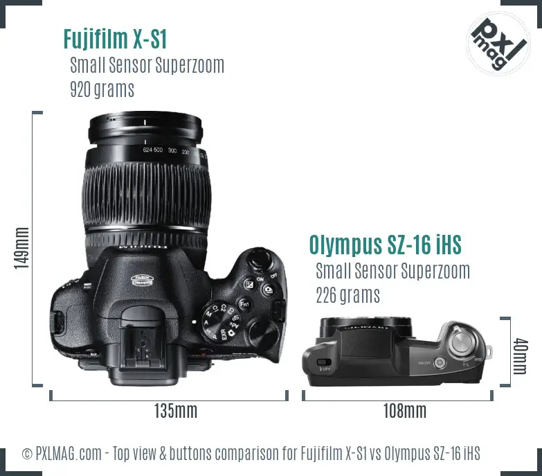 Fujifilm X-S1 vs Olympus SZ-16 iHS top view buttons comparison Fujifilm X-S1 vs Olympus SZ-16 iHS top view buttons comparison