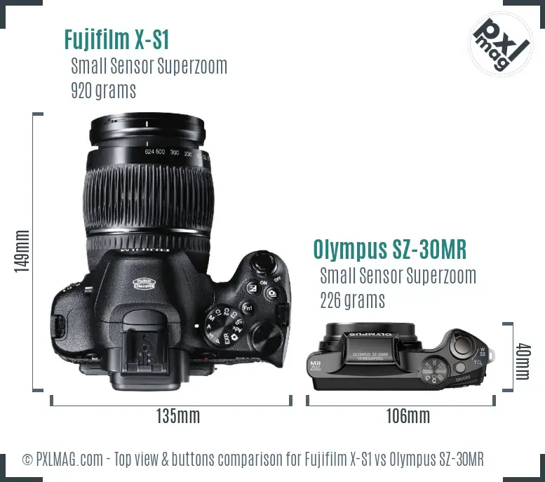 Fujifilm X-S1 vs Olympus SZ-30MR top view buttons comparison