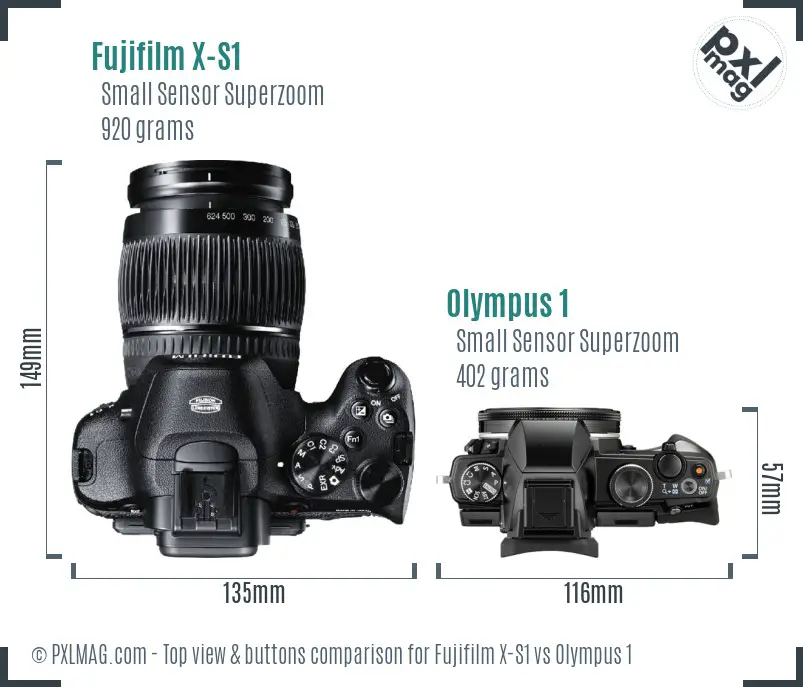 Fujifilm X-S1 vs Olympus 1 top view buttons comparison