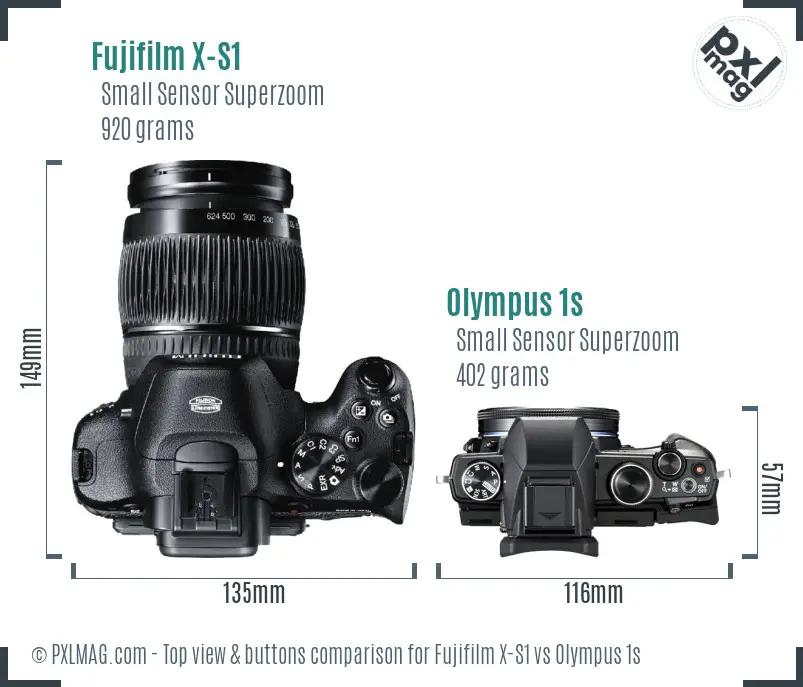 Fujifilm X-S1 vs Olympus 1s top view buttons comparison