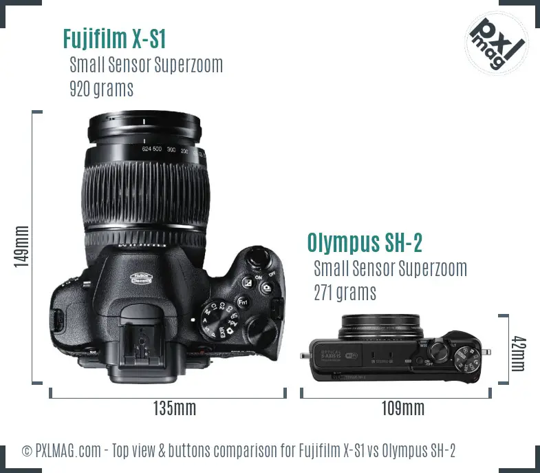 Fujifilm X-S1 vs Olympus SH-2 top view buttons comparison Fujifilm X-S1 vs Olympus SH-2 top view buttons comparison