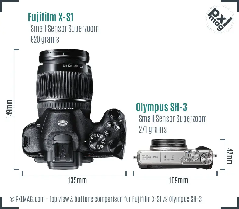 Fujifilm X-S1 vs Olympus SH-3 top view buttons comparison