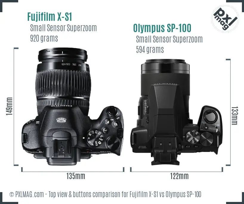 Fujifilm X-S1 vs Olympus SP-100 top view buttons comparison