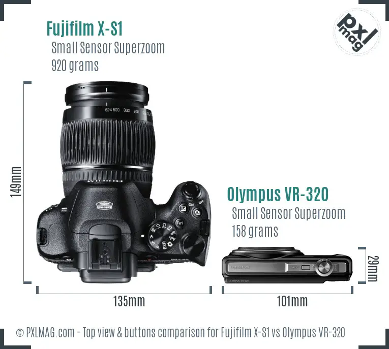 Fujifilm X-S1 vs Olympus VR-320 top view buttons comparison Fujifilm X-S1 vs Olympus VR-320 top view buttons comparison