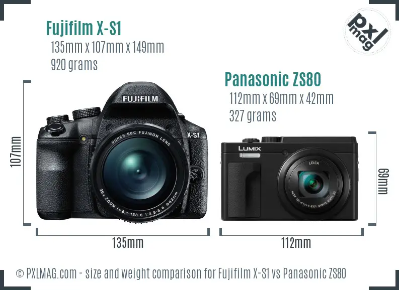 Fujifilm X-S1 vs Panasonic ZS80 size comparison