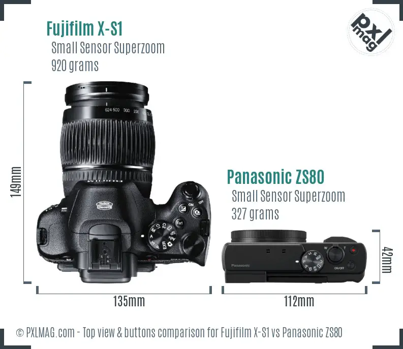 Fujifilm X-S1 vs Panasonic ZS80 top view buttons comparison