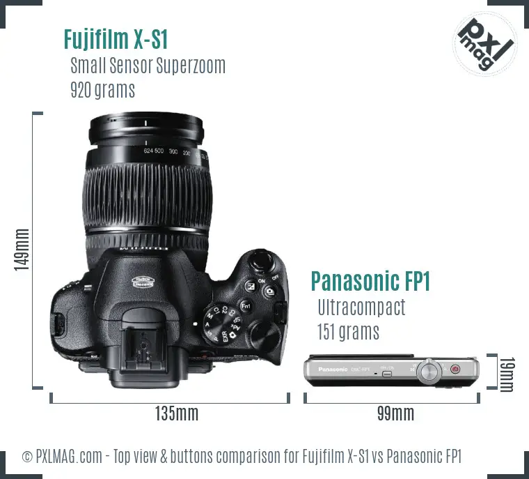 Fujifilm X-S1 vs Panasonic FP1 top view buttons comparison
