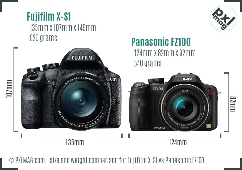 Fujifilm X-S1 vs Panasonic FZ100 size comparison