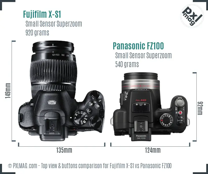 Fujifilm X-S1 vs Panasonic FZ100 top view buttons comparison