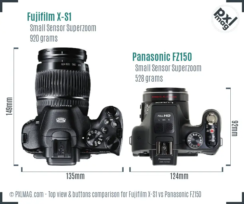 Fujifilm X-S1 vs Panasonic FZ150 top view buttons comparison Fujifilm X-S1 vs Panasonic FZ150 top view buttons comparison