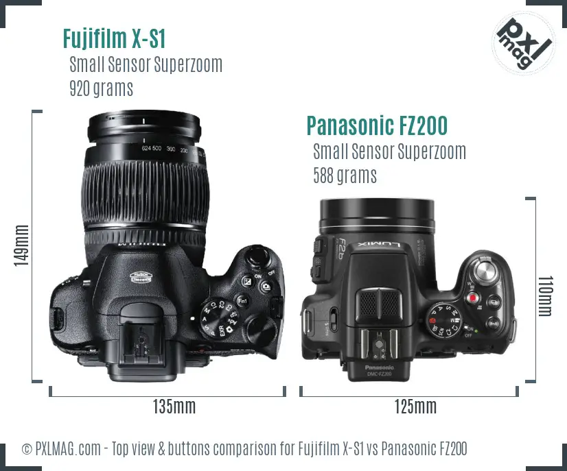 Fujifilm X-S1 vs Panasonic FZ200 top view buttons comparison