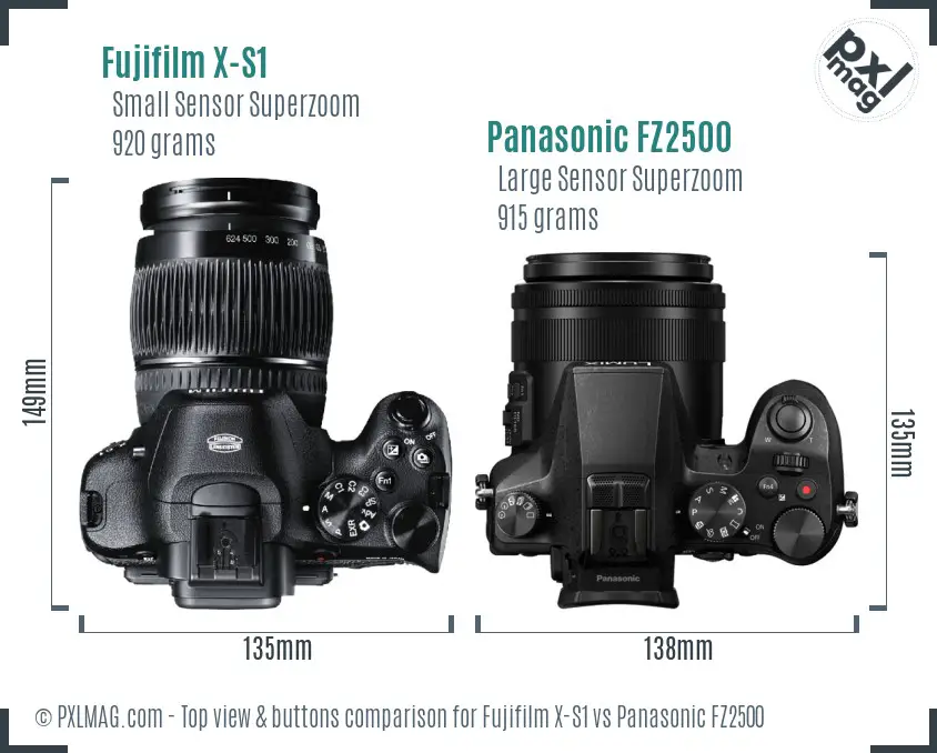 Fujifilm X-S1 vs Panasonic FZ2500 top view buttons comparison Fujifilm X-S1 vs Panasonic FZ2500 top view buttons comparison