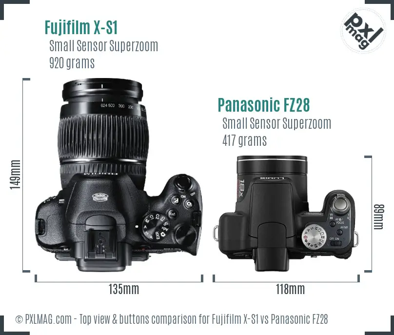 Fujifilm X-S1 vs Panasonic FZ28 top view buttons comparison Fujifilm X-S1 vs Panasonic FZ28 top view buttons comparison