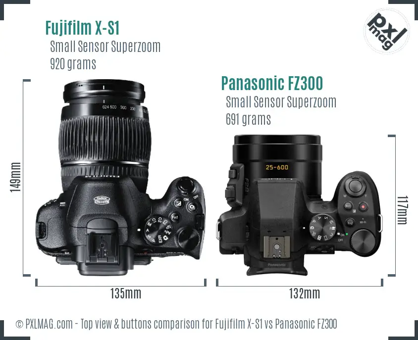 Fujifilm X-S1 vs Panasonic FZ300 top view buttons comparison