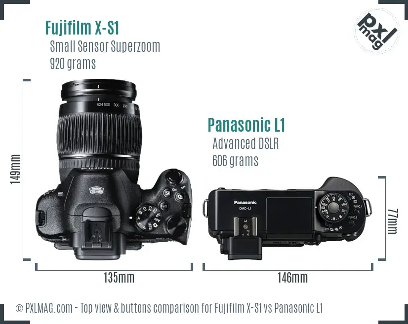 Fujifilm X-S1 vs Panasonic L1 top view buttons comparison