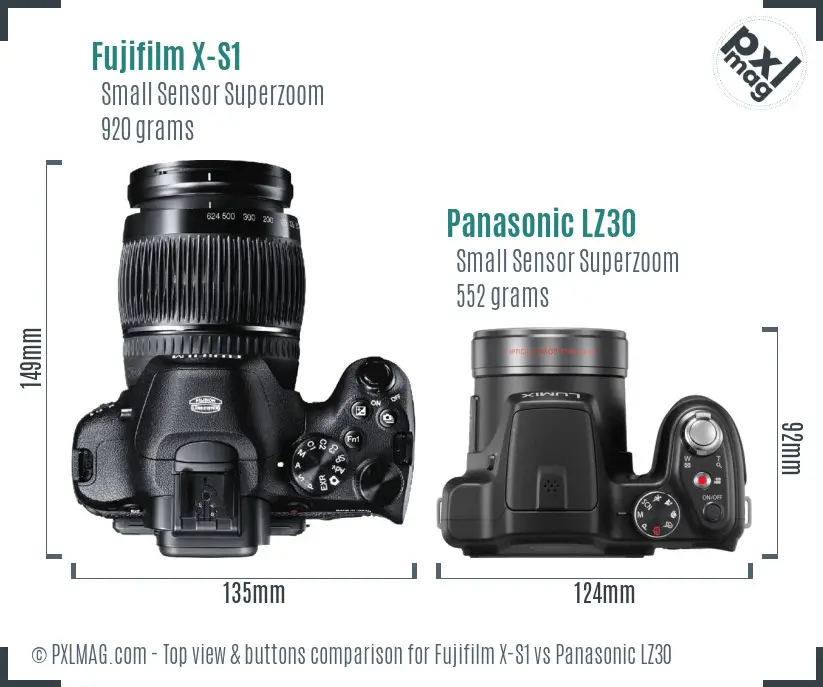 Fujifilm X-S1 vs Panasonic LZ30 top view buttons comparison Fujifilm X-S1 vs Panasonic LZ30 top view buttons comparison