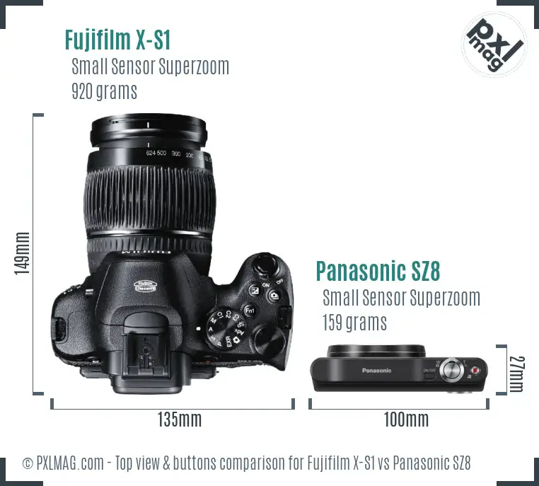 Fujifilm X-S1 vs Panasonic SZ8 top view buttons comparison