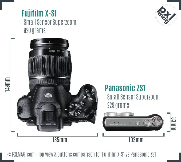 Fujifilm X-S1 vs Panasonic ZS1 top view buttons comparison