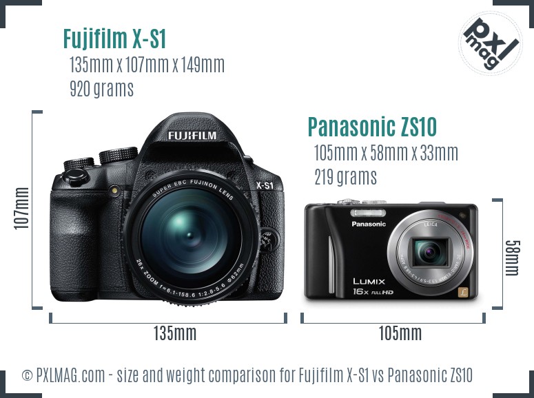 Fujifilm X-S1 vs Panasonic ZS10 size comparison