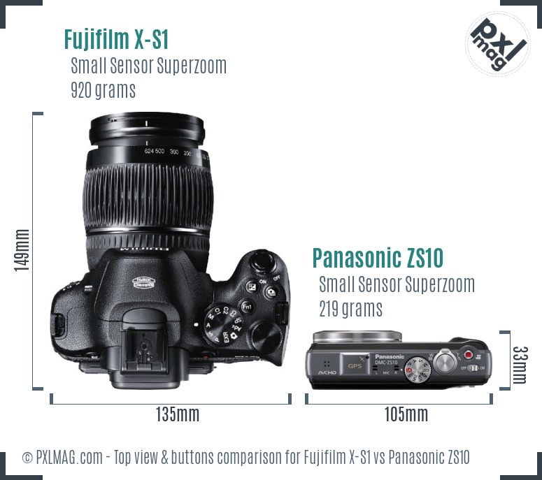 Fujifilm X-S1 vs Panasonic ZS10 top view buttons comparison