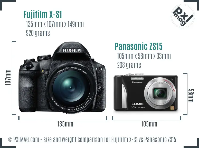 Fujifilm X-S1 vs Panasonic ZS15 size comparison