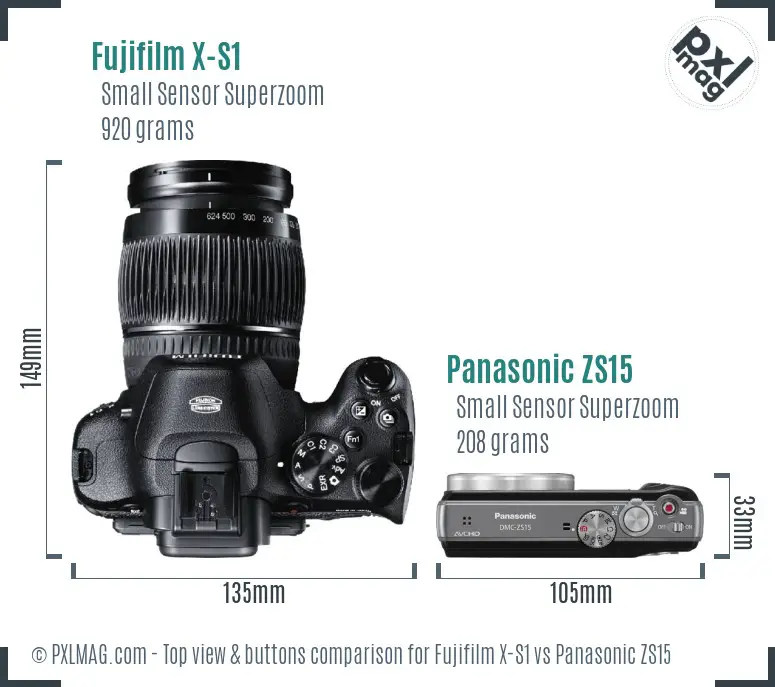 Fujifilm X-S1 vs Panasonic ZS15 top view buttons comparison