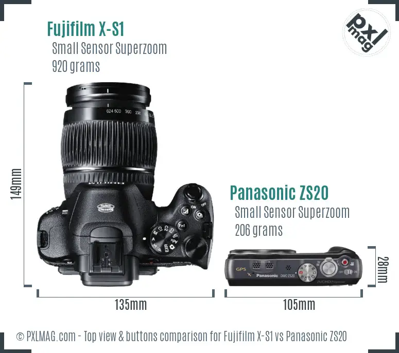 Fujifilm X-S1 vs Panasonic ZS20 top view buttons comparison