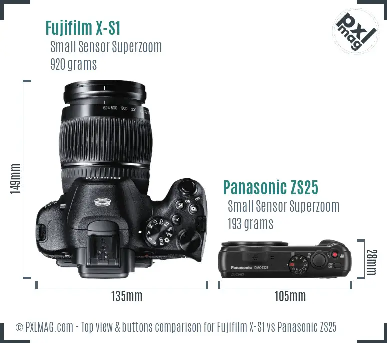 Fujifilm X-S1 vs Panasonic ZS25 top view buttons comparison