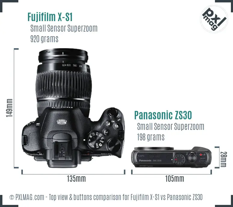 Fujifilm X-S1 vs Panasonic ZS30 top view buttons comparison
