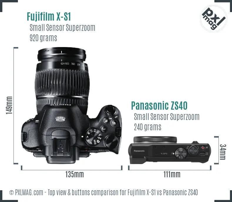 Fujifilm X-S1 vs Panasonic ZS40 top view buttons comparison
