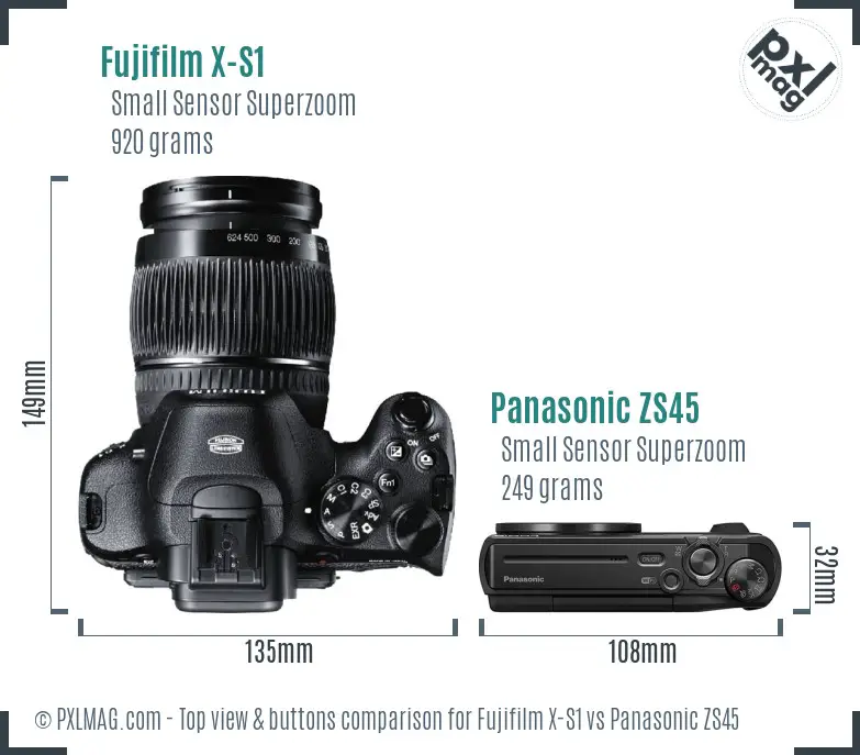 Fujifilm X-S1 vs Panasonic ZS45 top view buttons comparison