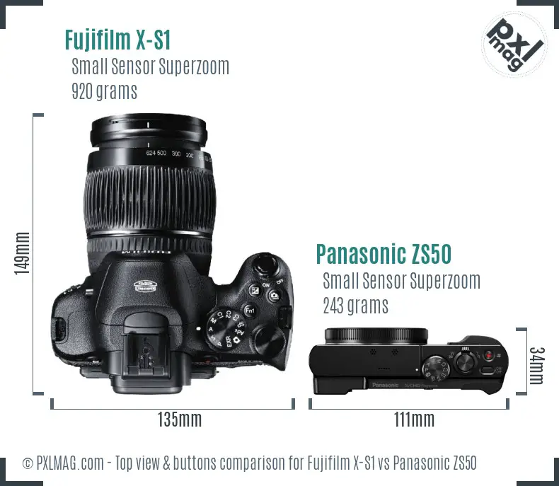 Fujifilm X-S1 vs Panasonic ZS50 top view buttons comparison