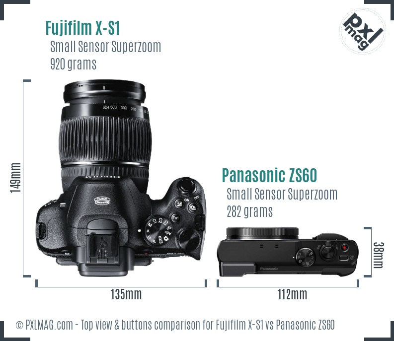 Fujifilm X-S1 vs Panasonic ZS60 top view buttons comparison