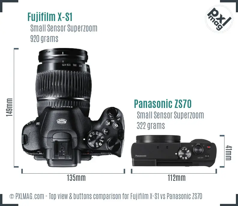 Fujifilm X-S1 vs Panasonic ZS70 top view buttons comparison