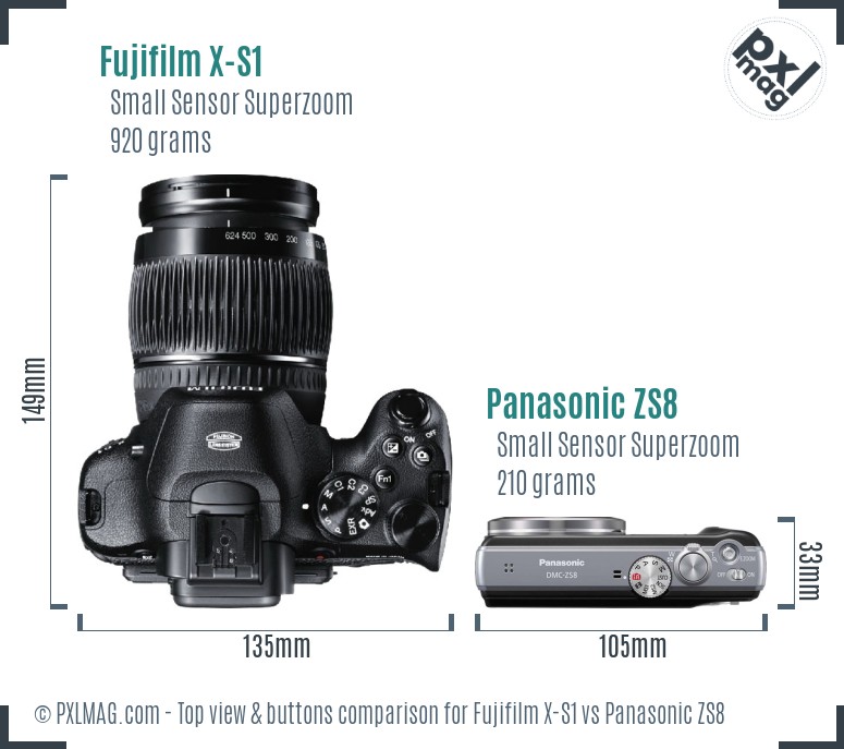 Fujifilm X-S1 vs Panasonic ZS8 top view buttons comparison
