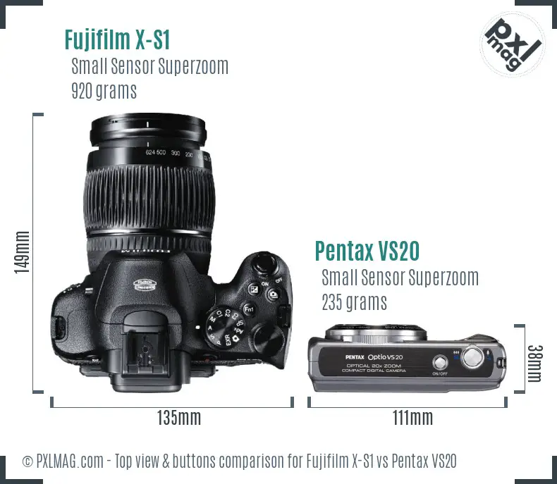 Fujifilm X-S1 vs Pentax VS20 top view buttons comparison