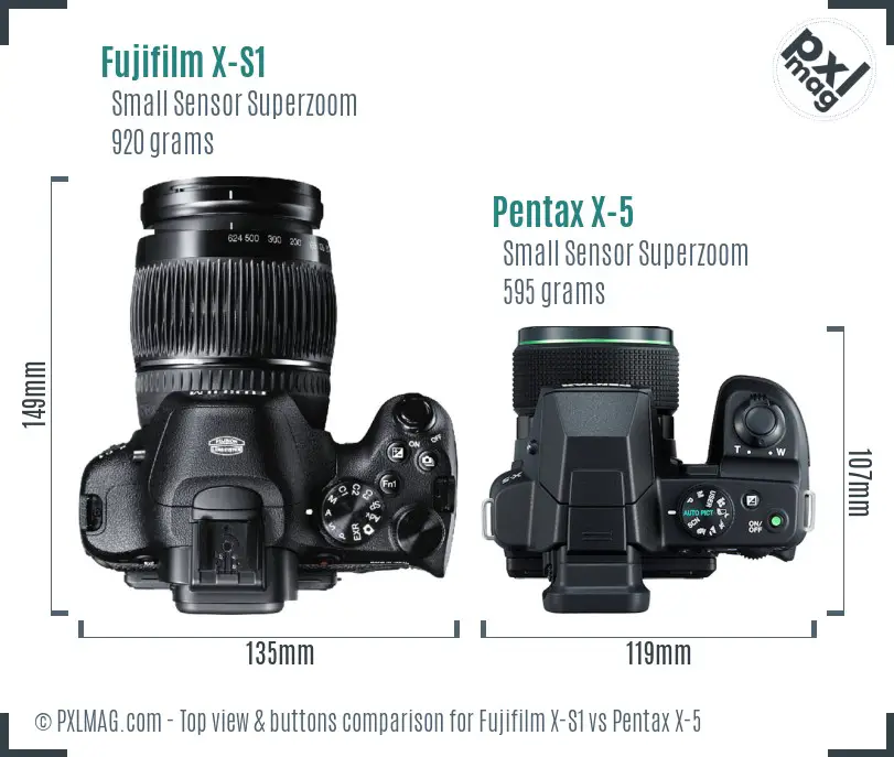 Fujifilm X-S1 vs Pentax X-5 top view buttons comparison