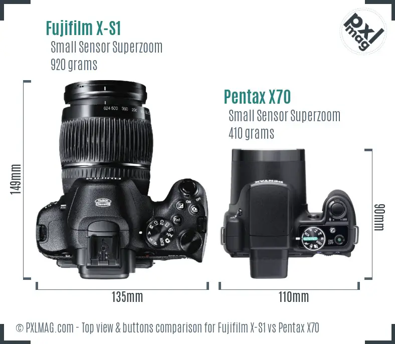 Fujifilm X-S1 vs Pentax X70 top view buttons comparison