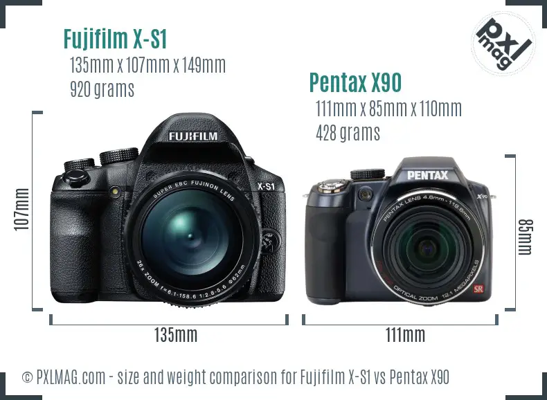 Fujifilm X-S1 vs Pentax X90 size comparison