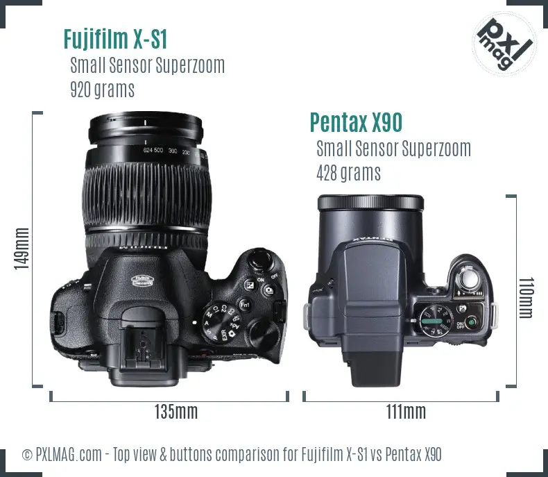 Fujifilm X-S1 vs Pentax X90 top view buttons comparison