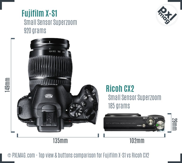 Fujifilm X-S1 vs Ricoh CX2 top view buttons comparison
