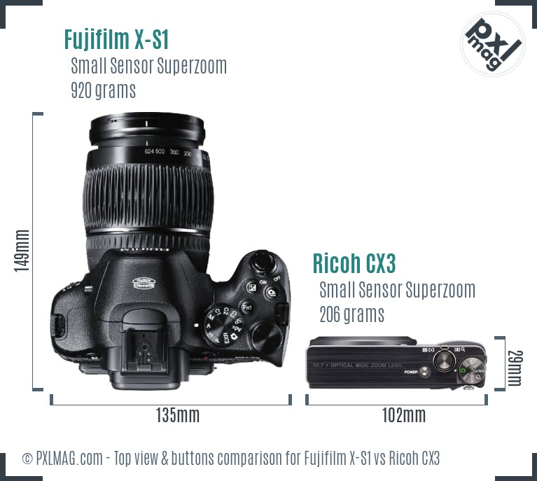 Fujifilm X-S1 vs Ricoh CX3 top view buttons comparison