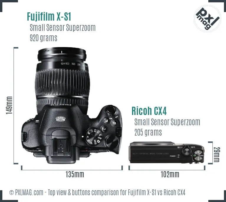 Fujifilm X-S1 vs Ricoh CX4 top view buttons comparison Fujifilm X-S1 vs Ricoh CX4 top view buttons comparison
