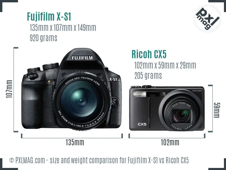 Fujifilm X-S1 vs Ricoh CX5 size comparison