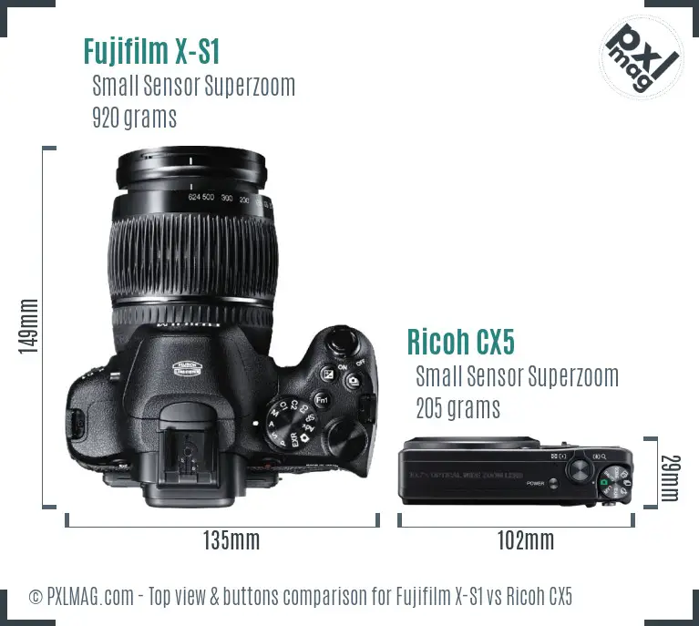 Fujifilm X-S1 vs Ricoh CX5 top view buttons comparison