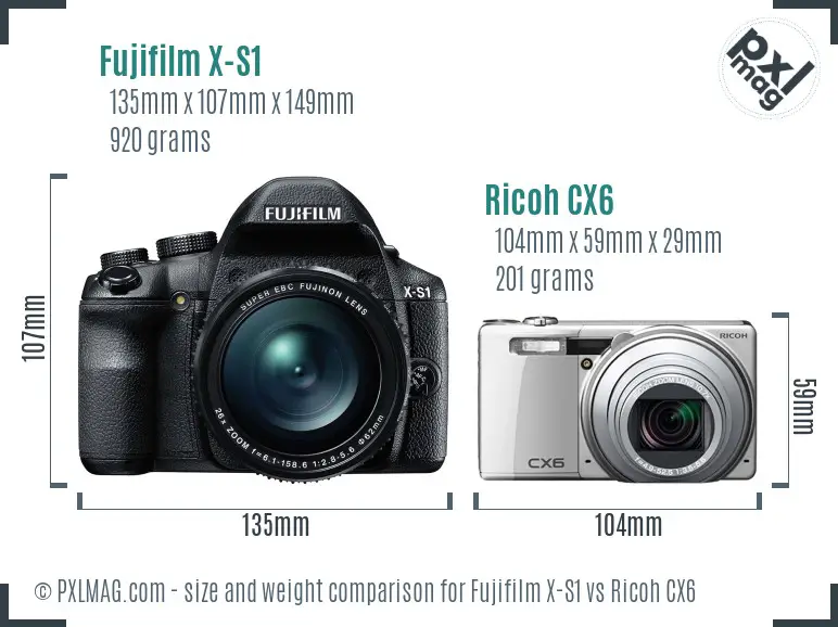 Fujifilm X-S1 vs Ricoh CX6 size comparison